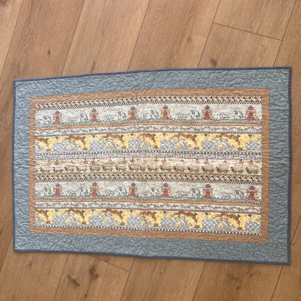 Noahs Ark Baby Quilt Blanket Animals Blue Brown Nursery Crib Bedding 25x38